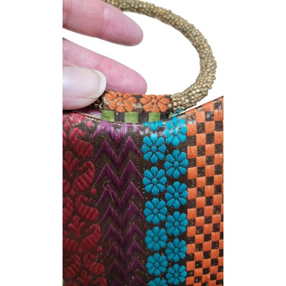 Vintage Handcrafted Multicolor Beaded Handle Clutch Purse With Floral & Geometri - Picture 5 of 7